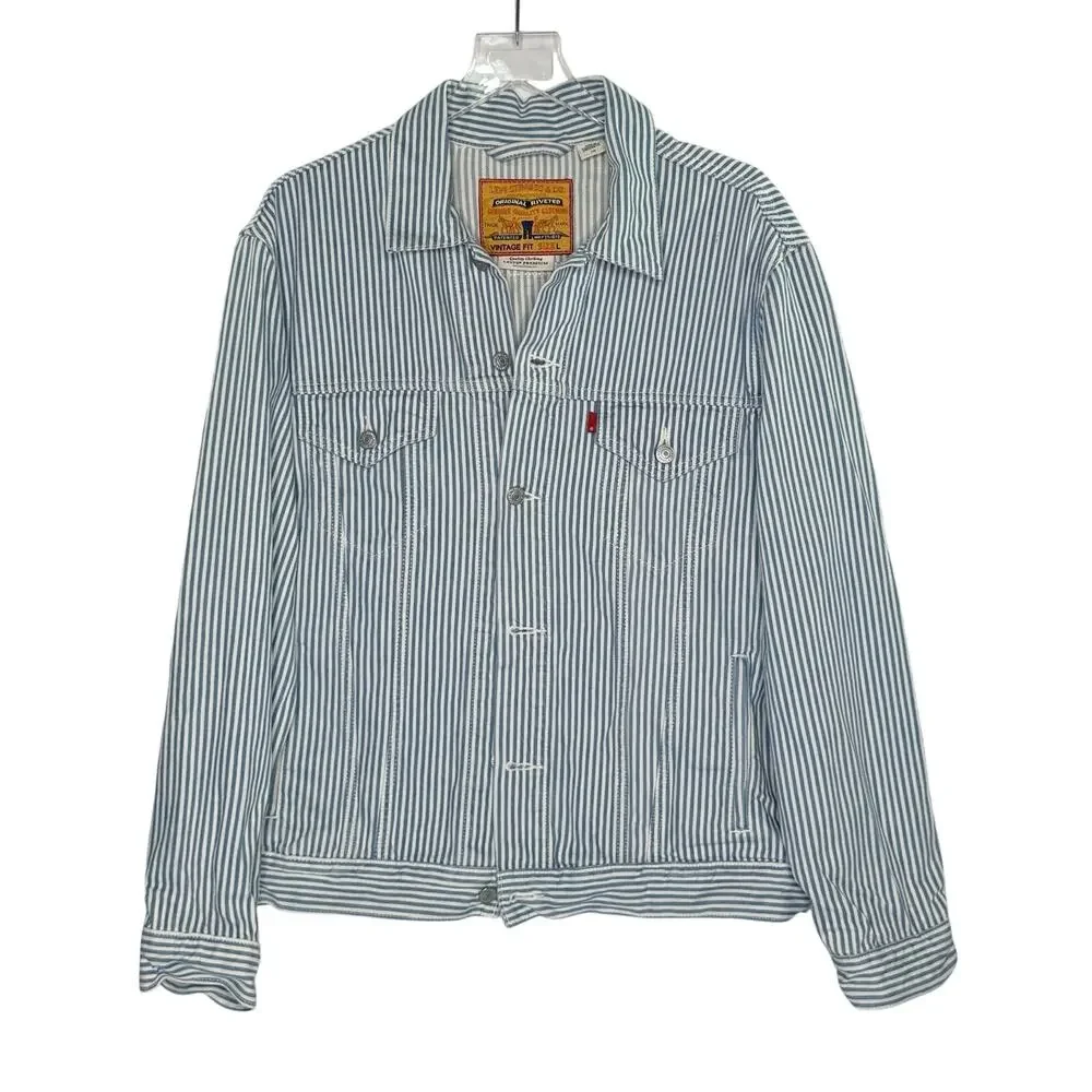 Levis 90s Inspired Original Trucker Jacket L Railroad Stripe Blue White
